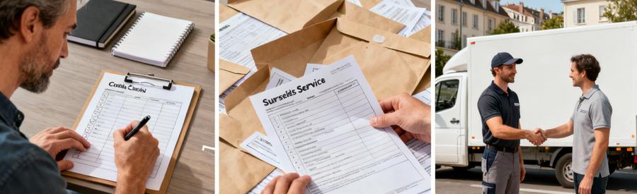 Processus en trois étapes : formulaire déménagement, comparaison offres papier, accord avec déménageur Suresnes