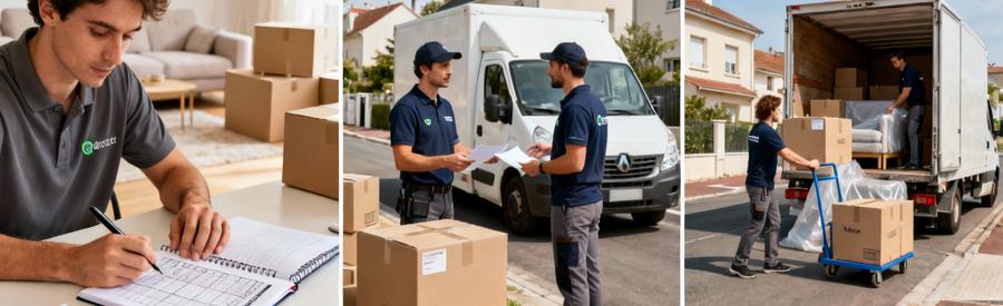 Processus Mise En Relation Demenageurs Massy Triptyque montrant les étapes de mise en relation avec des déménageurs professionnels à Massy en Essonne