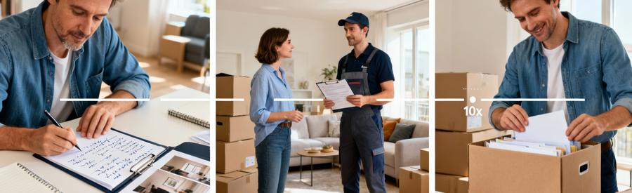 Processus Organisation Demenagement Corbeil Essonnes Triptyque illustrant les étapes d'organisation d'un déménagement à Corbeil-Essonnes avec documents et consultation