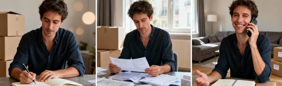 Trois étapes de recherche de déménageurs à Rennes : remplissage informations, comparaison offres, contact professionnel