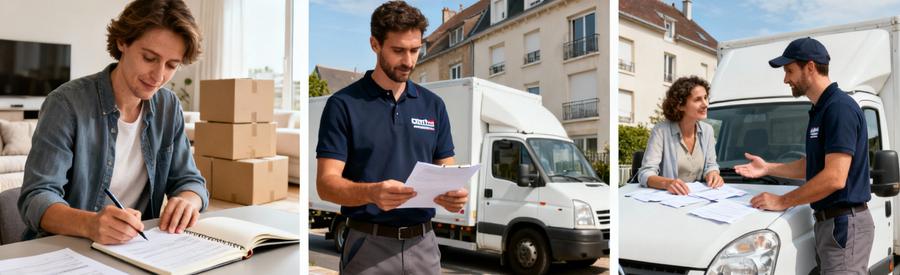 Processus en trois étapes pour organiser un déménagement à Dunkerque avec documents et échange professionnel