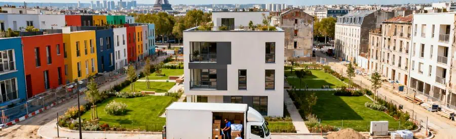 Quartier Residentiel Aubervilliers Demenagement Proximite Paris Quartier moderne d'Aubervilliers avec camion de déménagement et vue sur Paris en arrière-plan