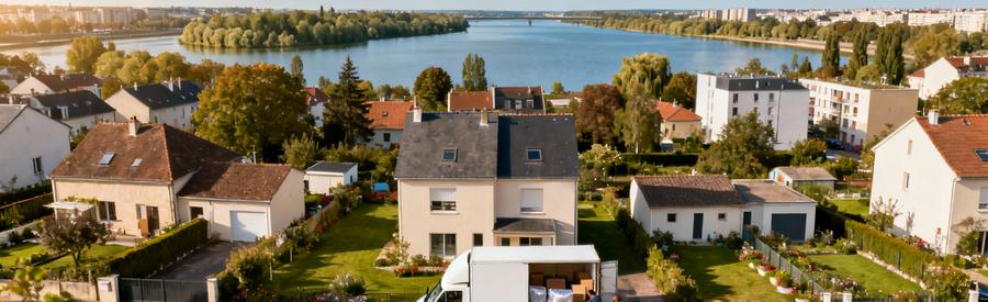 Quartier Residentiel Viry Chatillon Demenagement Vue aérienne d'un quartier résidentiel de Viry-Châtillon avec camion de déménagement et espaces verts