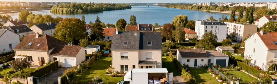 Vue aérienne d'un quartier résidentiel de Viry-Châtillon avec camion de déménagement et espaces verts
