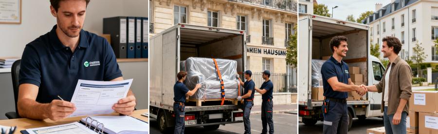 Selection Demenageurs Professionnels Assures Reims Triptyque montrant sélection rigoureuse déménageurs certifiés à Reims avec vérification documents et assurances