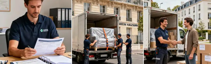 Triptyque montrant sélection rigoureuse déménageurs certifiés à Reims avec vérification documents et assurances