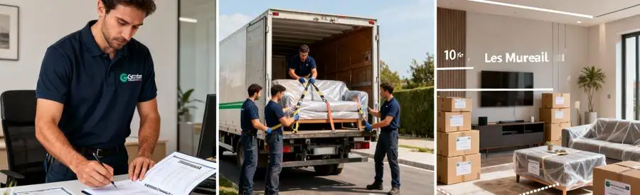Triptyque montrant vérification certifications, protection transport et organisation professionnelle déménagement Les Mureaux