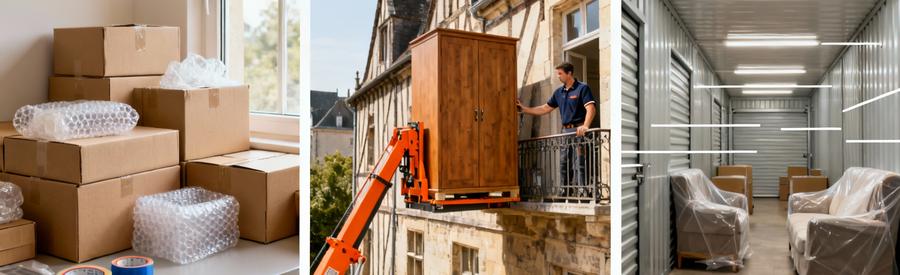 Services complémentaires déménagement : cartons emballage, monte-meubles immeuble ancien, garde-meubles sécurisé