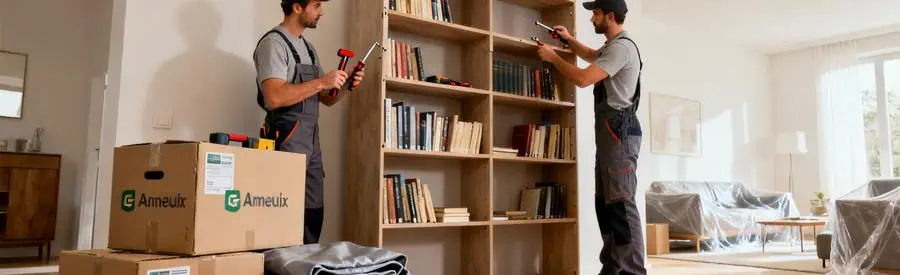 Déménageurs démontant meubles avec cartons et matériel protection dans intérieur résidentiel aux Mureaux