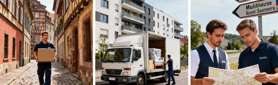 Trois situations de déménagement à Mulhouse : centre historique, quartier moderne et zone frontalière