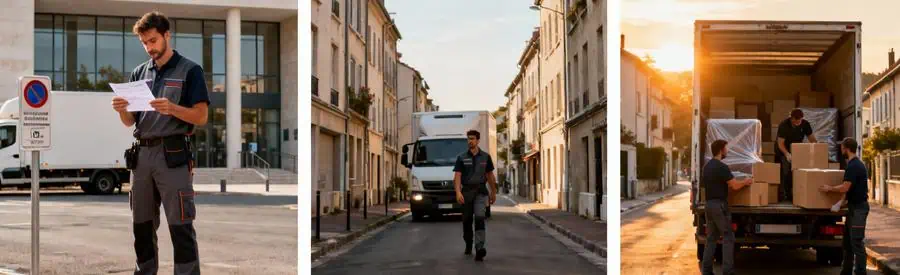 Triptyque montrant les spécificités du déménagement à Yerres : autorisation mairie, accès centre-ville, chargement matinal