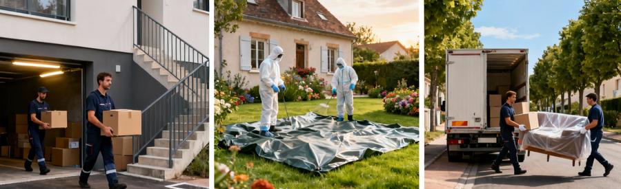 Specificites Quartiers Demenagement Athis Mons Trois scènes de déménagement dans différents quartiers résidentiels d'Athis-Mons avec contraintes d'accès variées