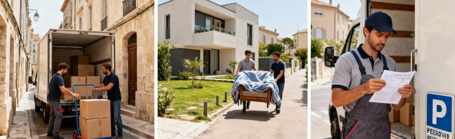 Triptyque montrant déménagement dans centre historique, zone pavillonnaire et autorisation stationnement à Nîmes