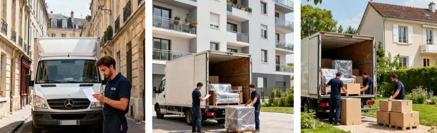 Triptyque montrant déménagement dans trois quartiers distincts de Poissy avec équipes professionnelles