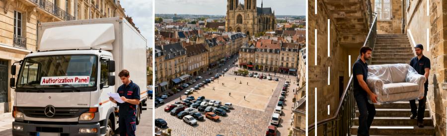 Triptyque montrant réglementation stationnement, architecture messine et contraintes logistiques déménagement centre-ville