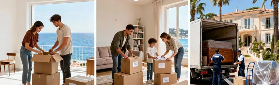 Trois scènes illustrant déménagement studio, appartement familial et maison à Cannes avec volumes différents