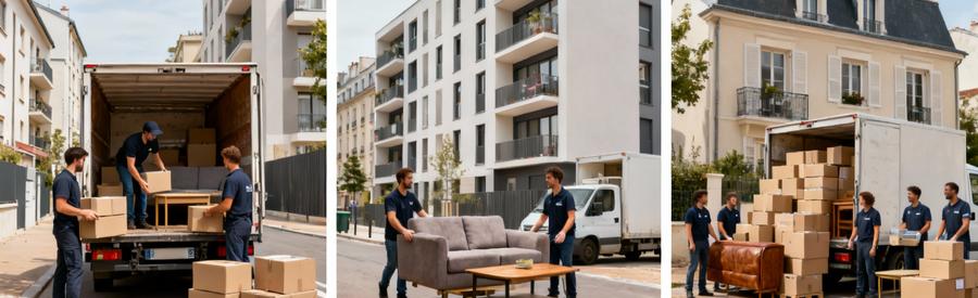 Trois scènes montrant volumes différents de déménagement à Aubervilliers selon type de logement