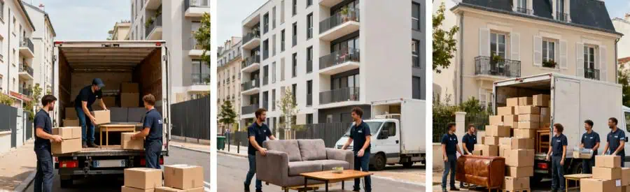 Tarifs Demenagement Volume Logement Aubervilliers Trois scènes montrant volumes différents de déménagement à Aubervilliers selon type de logement