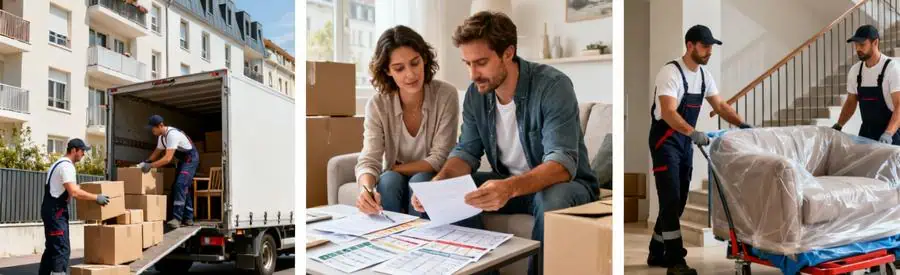 Trois scènes illustrant les tarifs de déménagement à Poissy selon volumes : chargement camion, consultation offres, transport