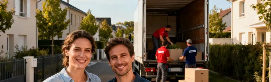 Couple satisfait devant leur nouvelle maison après déménagement réussi à Mantes-la-Jolie avec camion en arrière-plan