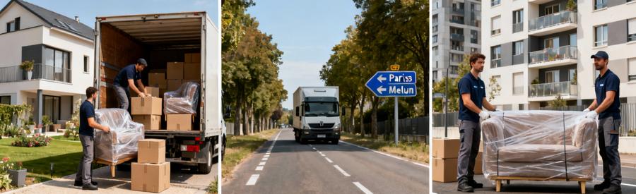 Trajet Demenagement Combs La Ville Paris Melun Triptyque montrant chargement en zone pavillonnaire, transport routier et livraison en zone urbaine dense
