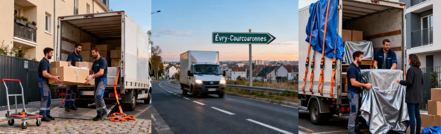 Trajets Demenagement Viry Chatillon Evry Essonne Triptyque illustrant trajet déménagement local entre Viry-Châtillon et Évry-Courcouronnes avec professionnels