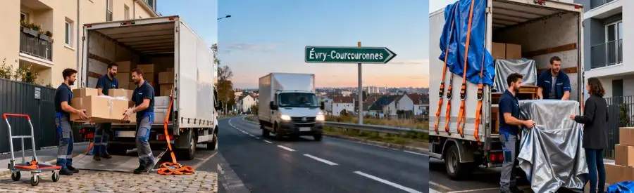 Triptyque illustrant trajet déménagement local entre Viry-Châtillon et Évry-Courcouronnes avec professionnels