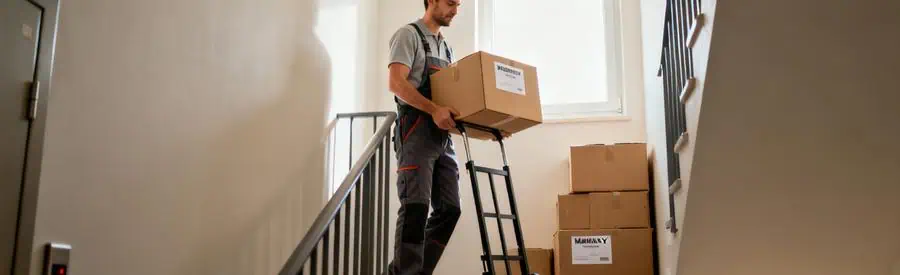 Déménageur transportant cartons dans escalier d'immeuble à Massy avec diable et protection professionnelle