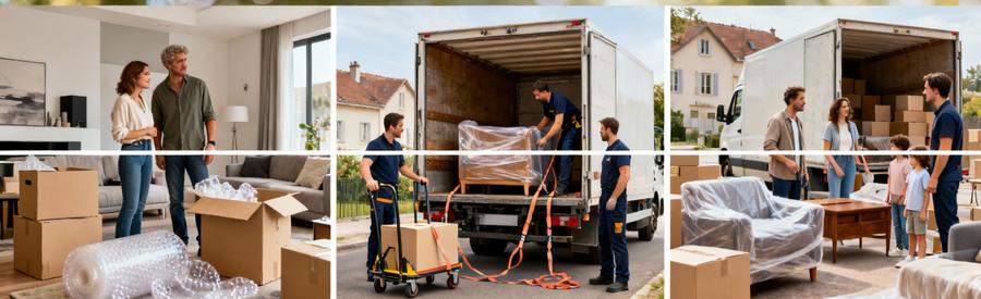 Trois Formules Demenagement Mulhouse Economique Standard Premium Comparaison visuelle des trois formules de déménagement à Mulhouse selon budget et niveau de service souhaité