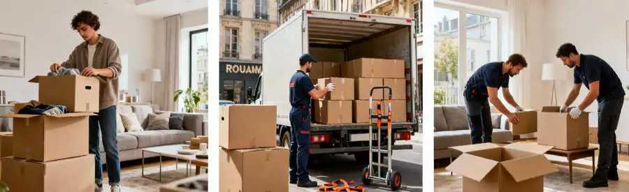 Comparaison visuelle des trois formules de service pour un déménagement à Rouen : économique, standard et premium