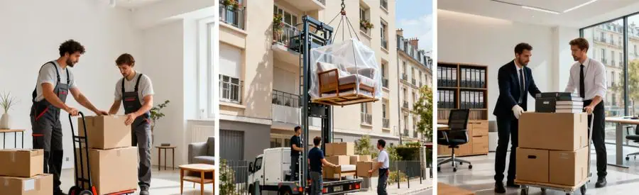 Trois types de déménagements à Champs-sur-Marne : studio, immeuble avec monte-meuble et bureaux professionnels