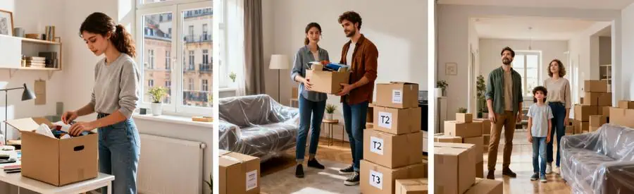 Trois types de logements en préparation de déménagement aux Mureaux : studio, T2 et T3 avec volumes croissants