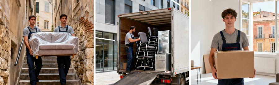 Trois types de déménagement à Perpignan : appartement centre-ville, locaux professionnels et studio étudiant