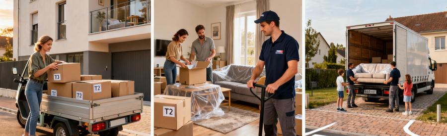 Trois types de déménagement à Lagny-sur-Marne : studio, appartement T2 et maison familiale avec volumes adaptés