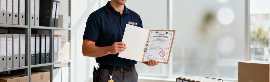 Verification Certifications Demenageurs Evry Courcouronnes Déménageur professionnel vérifiant documents de certification et assurance responsabilité civile à Évry-Courcouronnes
