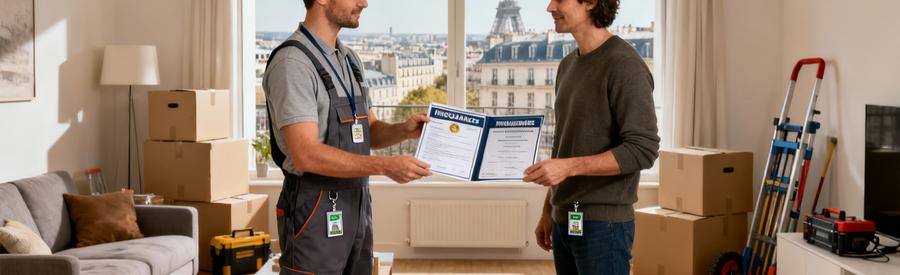 Verification Garanties Assurances Demenageurs Massy Déménageur professionnel présentant documents d'assurance et certifications à un client à Massy