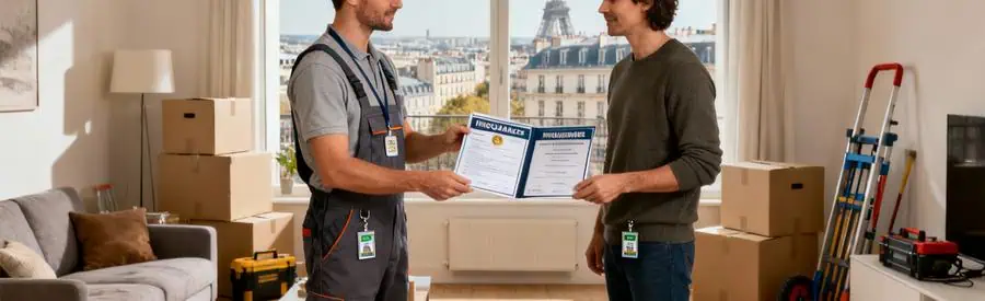 Déménageur professionnel présentant documents d'assurance et certifications à un client à Massy