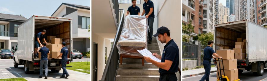 Déménageurs s'adaptant aux contraintes de différents quartiers résidentiels urbains avec équipements professionnels