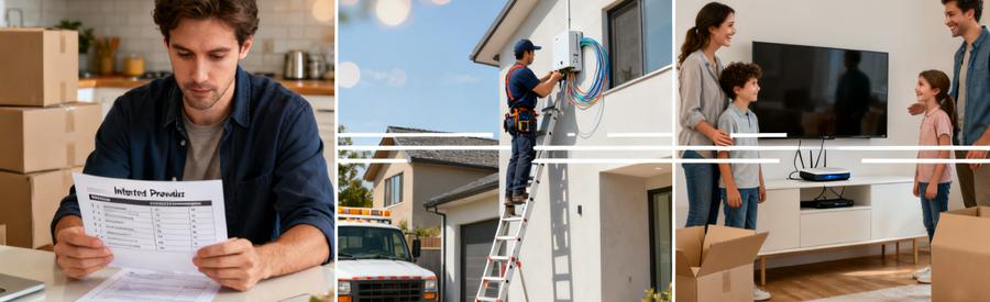 Recherche d'alternatives internet, installation fibre et connexion réussie dans nouveau logement après déménagement