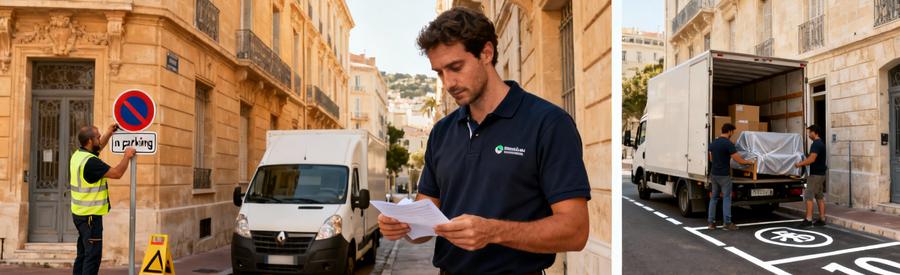 Triptyque montrant processus autorisation stationnement pour déménagement : installation signalisation, vérification documents, camion stationné légalement Marseille 1er