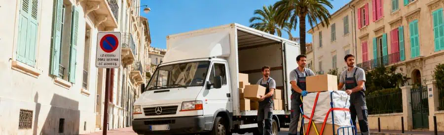 Camion de déménagement avec autorisation de stationnement dans une rue résidentielle du 7ème arrondissement de Marseille