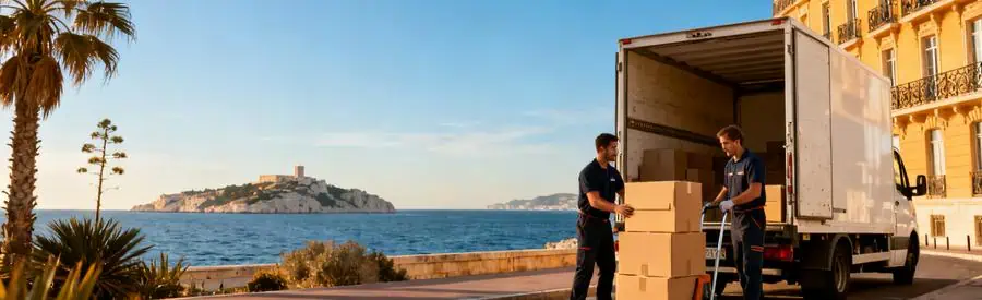 Camion de déménagement professionnel sur la Corniche Kennedy à Marseille 7ème avec vue sur la Méditerranée