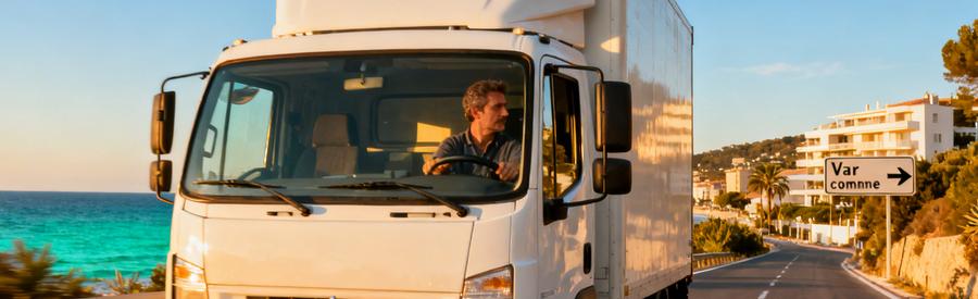 Camion de déménagement circulant sur route côtière entre Saint-Raphaël et communes varoises environnantes