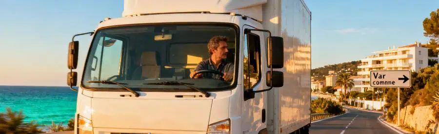 Camion de déménagement circulant sur route côtière entre Saint-Raphaël et communes varoises environnantes