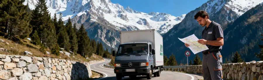 Camion Demenagement Route Montagne Hautes Alpes Camion de déménagement sur route sinueuse de montagne dans les Hautes-Alpes avec déménageur consultant carte routière