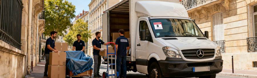 Camion de déménagement stationné avec autorisation dans une rue du 8ème arrondissement de Lyon