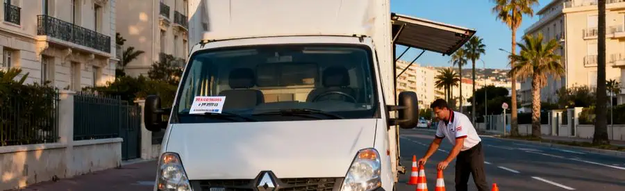 Camion de déménagement stationné avec autorisation dans rue résidentielle Marseille 8ème quartier Prado-Michelet