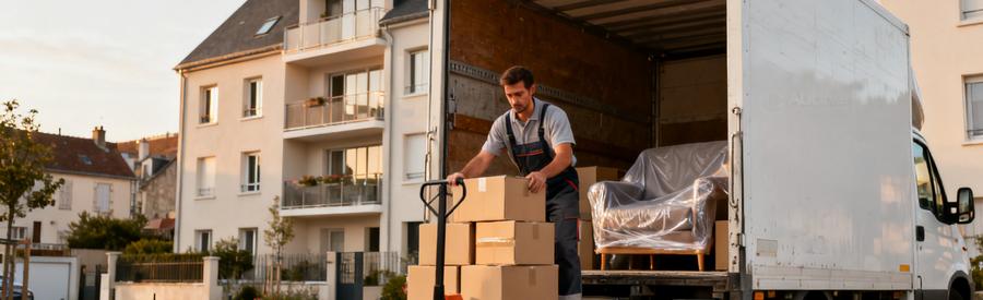 Déménageur chargeant cartons et meubles dans camion devant immeuble résidentiel à Auxerre