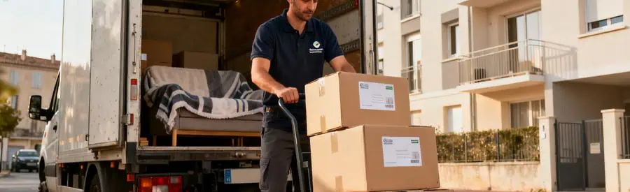 Déménageur chargeant cartons dans camion devant immeuble à Castres pour transport local dans le Tarn