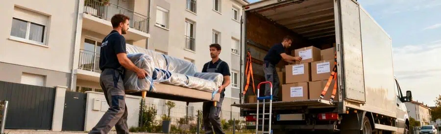 Déménageurs chargeant meubles protégés dans camion devant immeuble à Chalon-sur-Saône